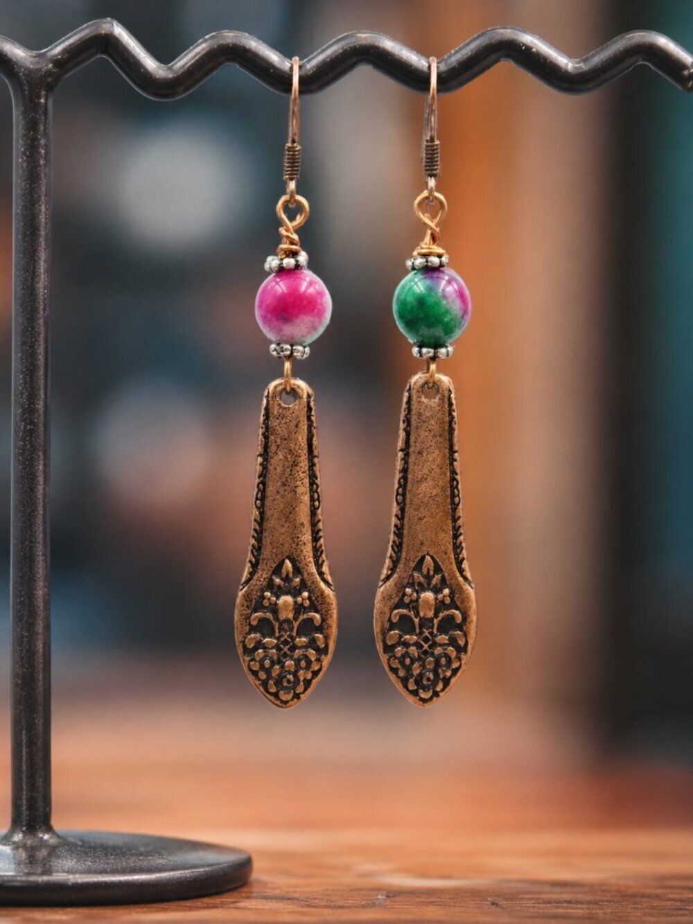 Antique Copper Filigree Drop Earrings With Beads - Picture 5 of 6